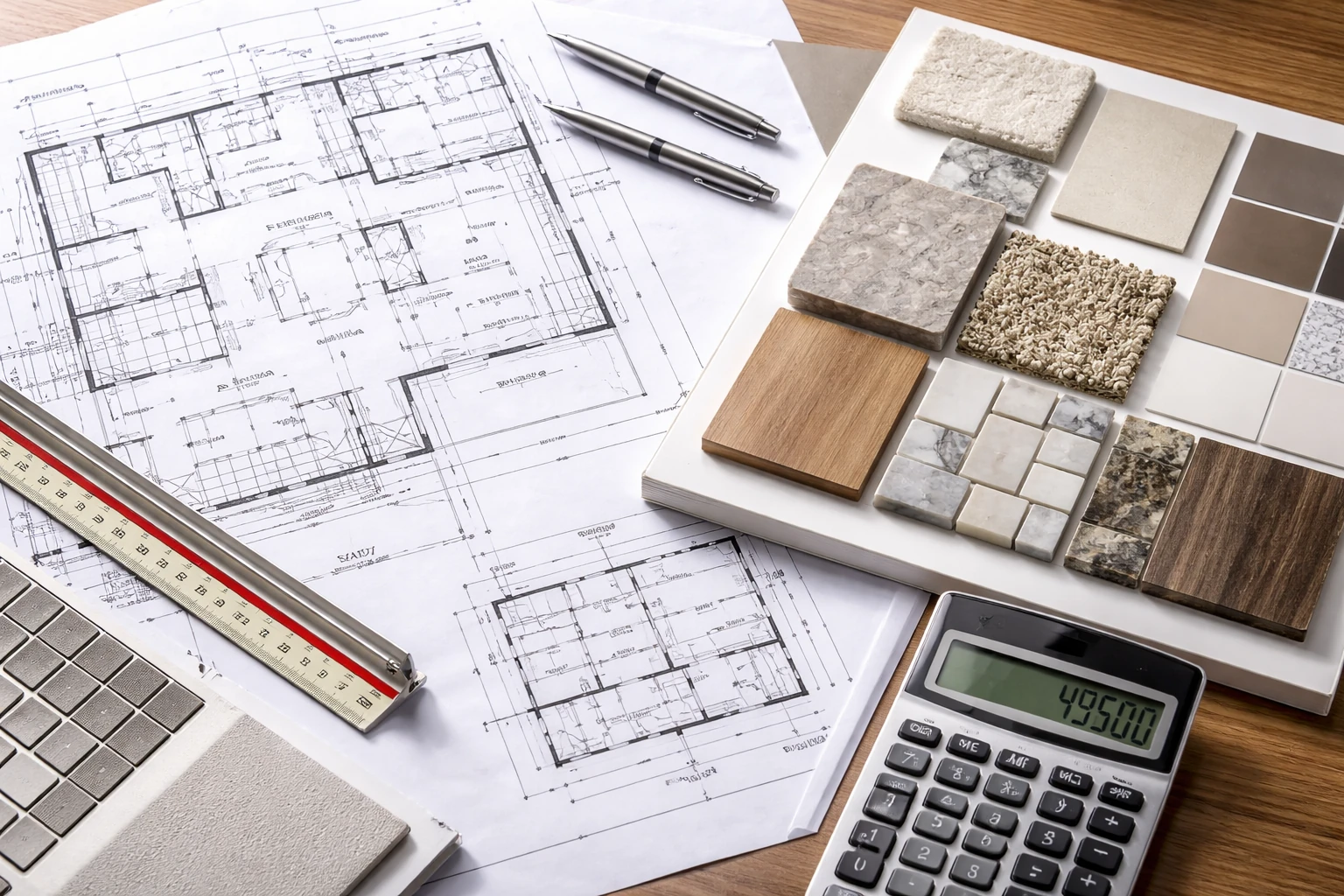 Architectural drawings, material samples, and project budgeting tools
